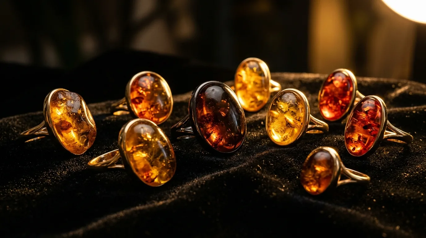 Sélection de bagues ambre aux teintes miel et cerise pour comparaison