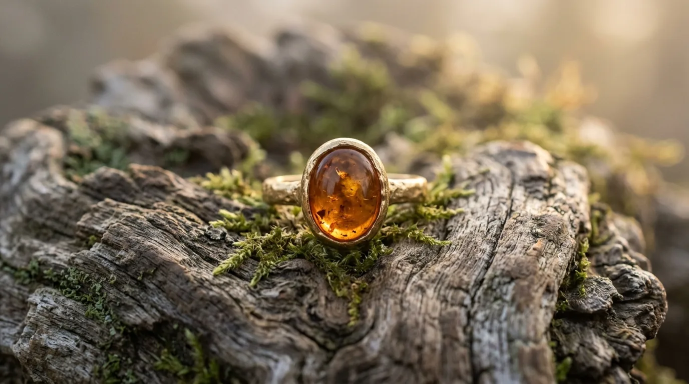 Bague ambre cognac sertie sur monture argent 925, gros plan macro